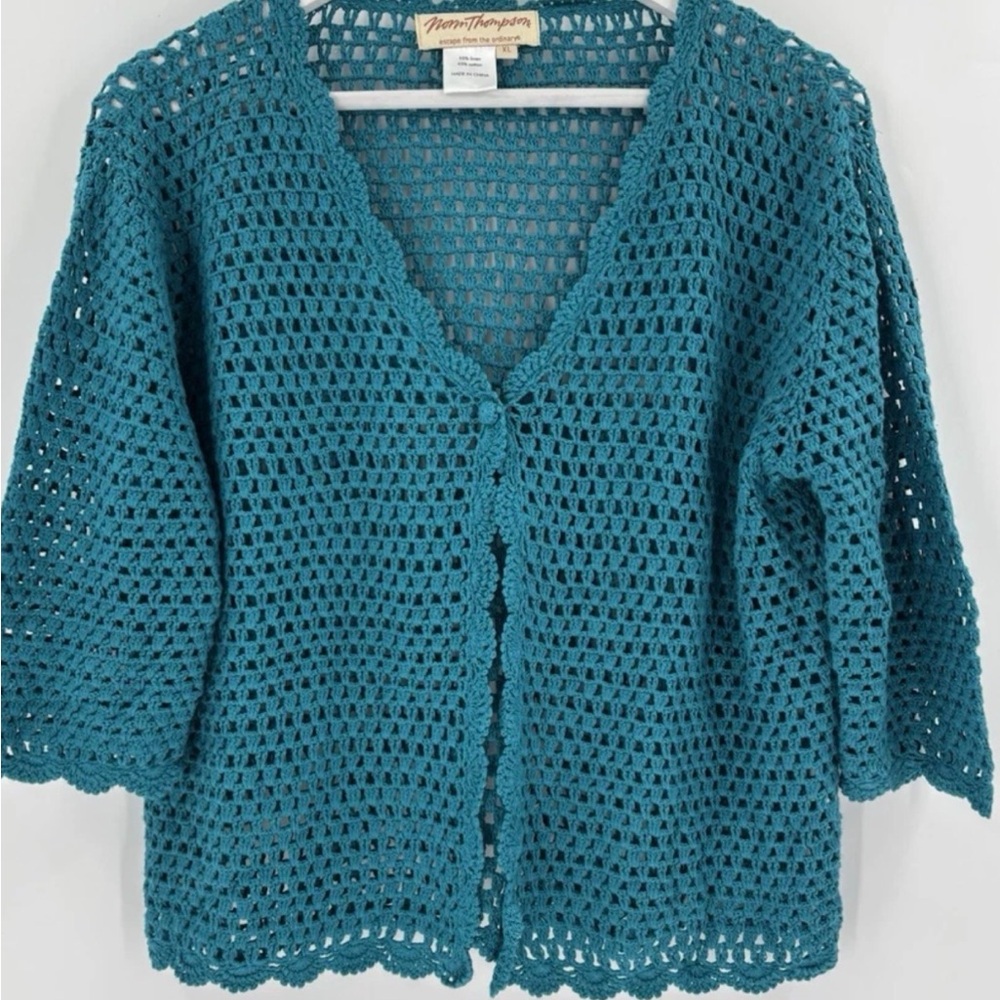 Norm Thompson Teal Crochet Openwork Cardigan Sweater